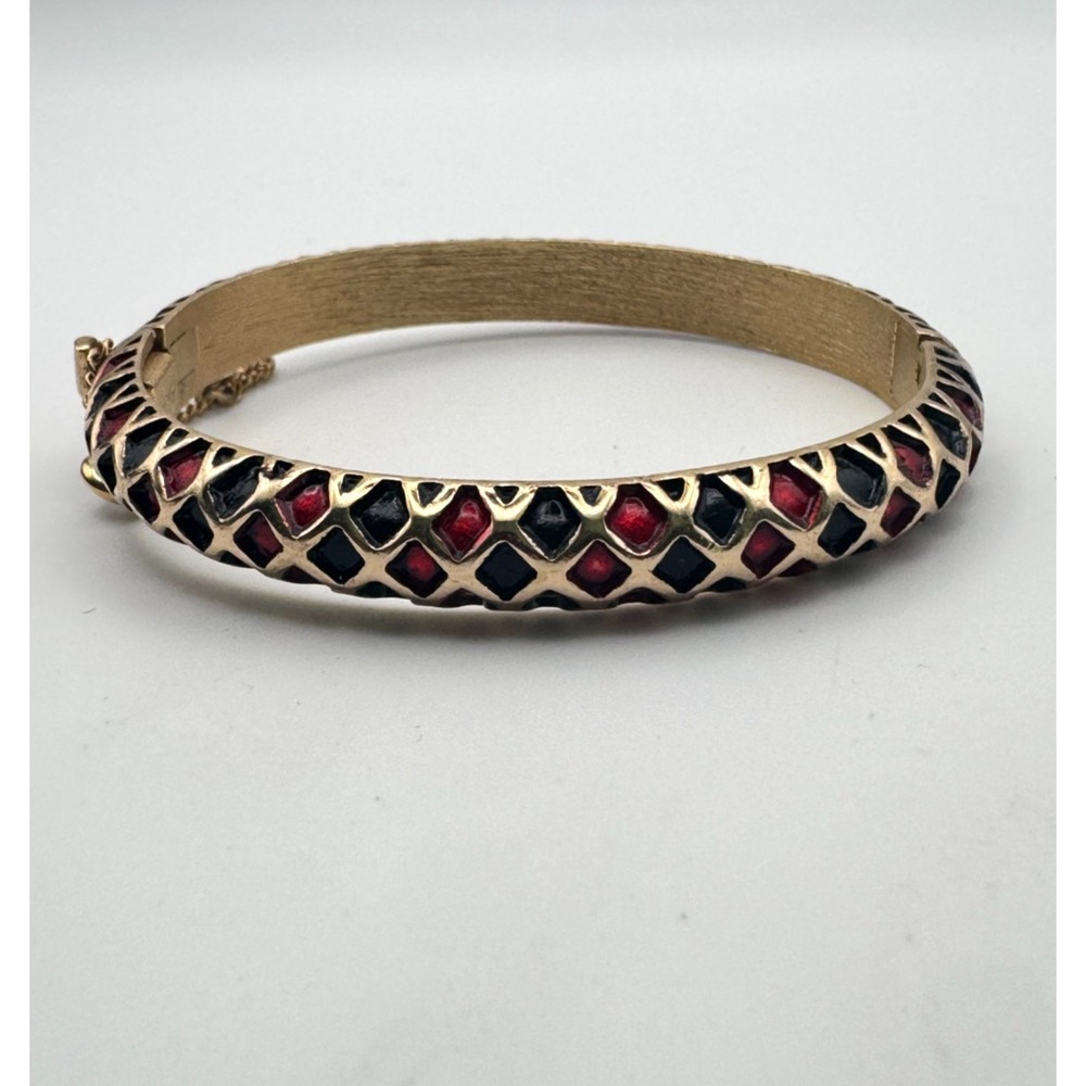 Vtg Trifari Bracelet Harlequin Red Black Enamel Clamper MCM Statement